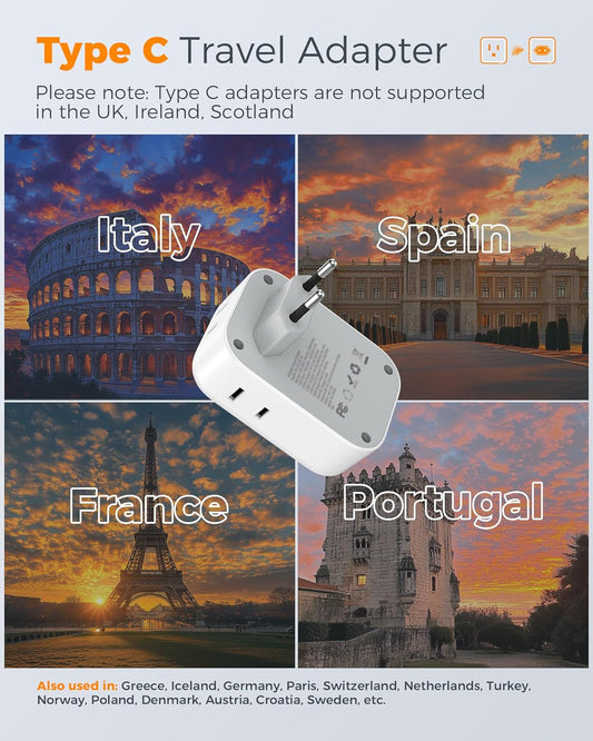 2-Pack European Plug Adapter with 4 Outlets & 3 USB Ports - Ideal for Travel in Italy, Spain, France, Germany & More!