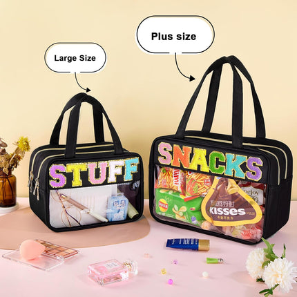 Stylish Chenille Letter Clear Makeup Bag - Waterproof Travel Toiletry Pouch for Women and Girls, Perfect for Organizing Snacks and Essentials