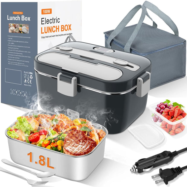 Electric Lunch Box Food Warmer: 100W Heated Lunch Box for Adults, 1.8L Portable Fast Heating Lunchbox Food Heater for Car, Truck, Work, Travel, Lonchera Elctrica Porttil 12/24V/110-230V