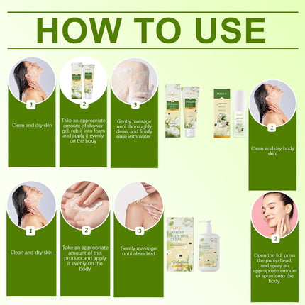 Jasmine Body Skin Care Set Women Girls Gift - Travel Essentials - Birthday Gifts for Women - Skin Care Sets & Kits with Body Wash, Body Cream, Body Mist - Travel Toiletries - Spa Kit - Womens Gifts