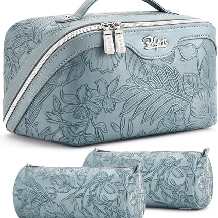Travel Makeup Bags Cosmetic Organizer Bag: 3 Pcs Set Large Capacity Floral Make up Bag with Compartments - Waterproof Leather Toiletry Bags with Handle for Women (01-Light Blue)