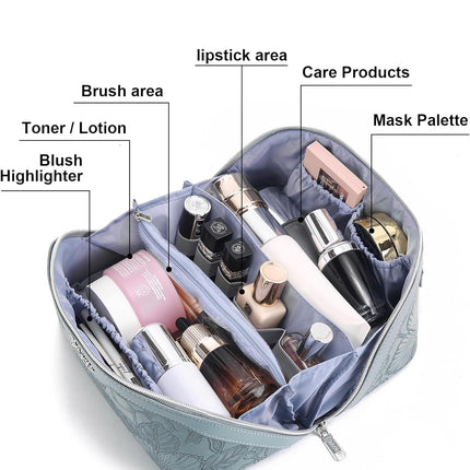 Travel Makeup Bags Cosmetic Organizer Bag: 3 Pcs Set Large Capacity Floral Make up Bag with Compartments - Waterproof Leather Toiletry Bags with Handle for Women (01-Light Blue)