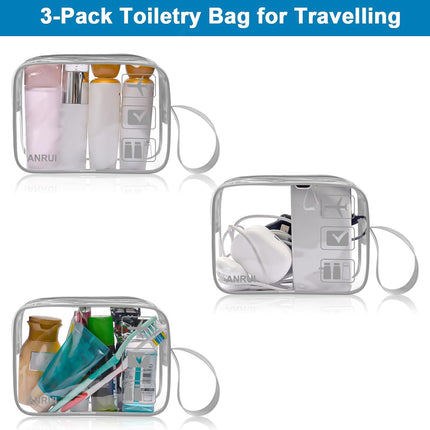 3Pcs Tsa-Approved Clear Travel Toiletry Bag with Handle Strap, Airline Kit 3-1-1 Clear Liquids Toiletries & Cosmetics Organizer Carry-On Luggage for Women and Men - Grey
