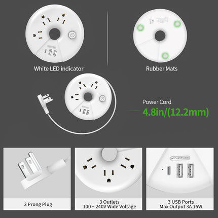 Travel Power Strip,  3 Outlets 3 USB(1 USB C) Cruise Approved Power Strip, Short Extension Cord 3Ft, Travel Essentials for Home, Hotels, Cruise Ship, Vacation, White, I-Donut