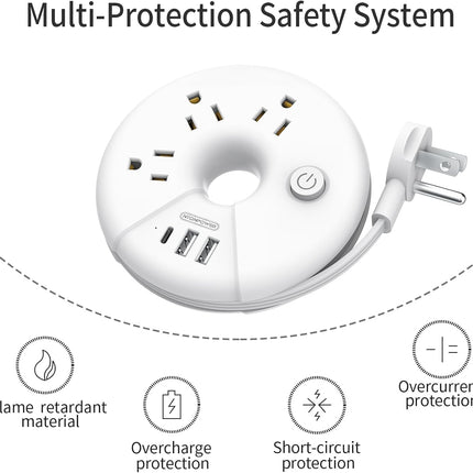 Travel Power Strip,  3 Outlets 3 USB(1 USB C) Cruise Approved Power Strip, Short Extension Cord 3Ft, Travel Essentials for Home, Hotels, Cruise Ship, Vacation, White, I-Donut