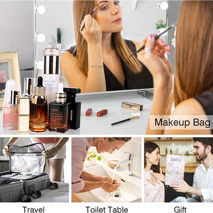 Travel Makeup Bags Cosmetic Organizer Bag: 3 Pcs Set Large Capacity Floral Make up Bag with Compartments - Waterproof Leather Toiletry Bags with Handle for Women (01-Light Blue)