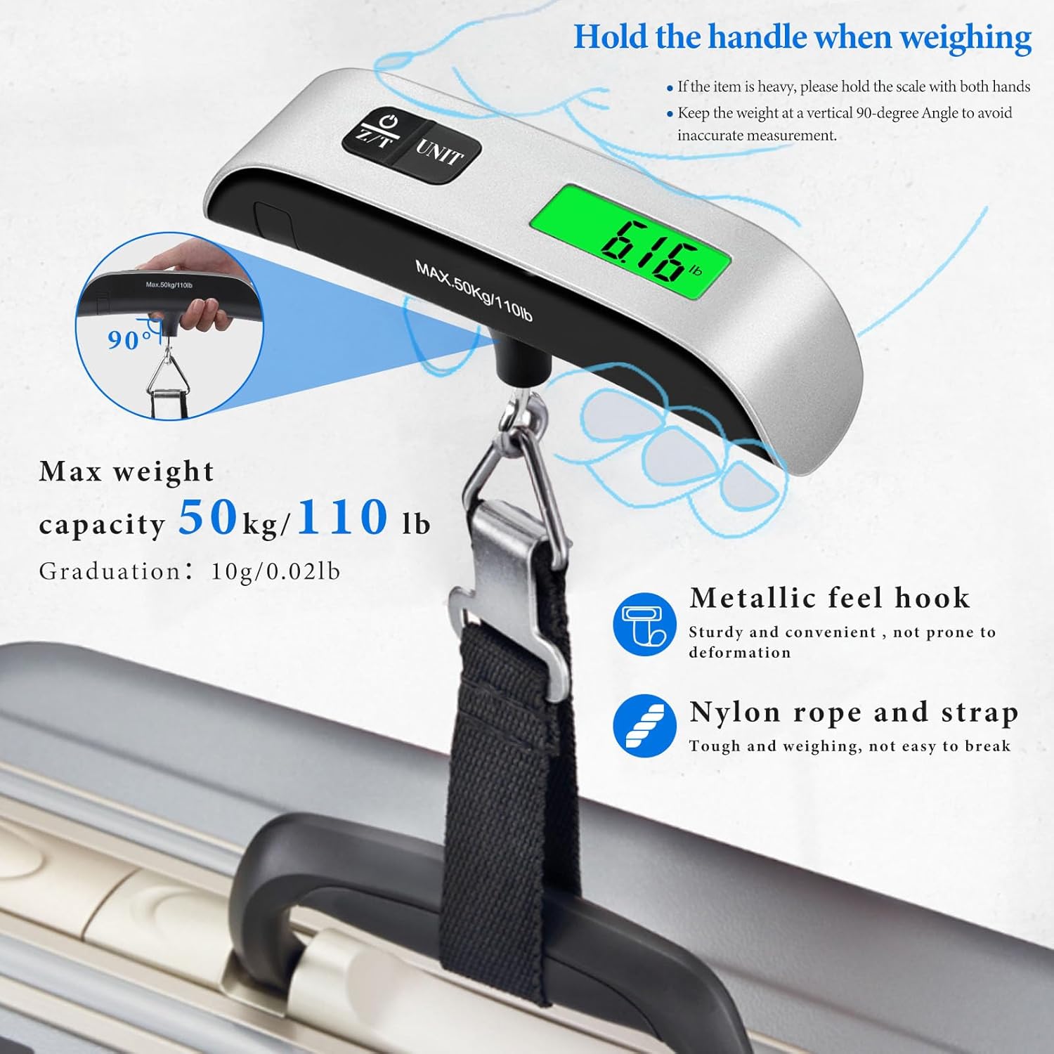 Luggage Scale, 110Lb Luggage Weight Scale with 4 Unit Switching Functions&Led Display, Luggage Scale Travel Digital for Weighing Luggage, Backpacks, Packages and Markets