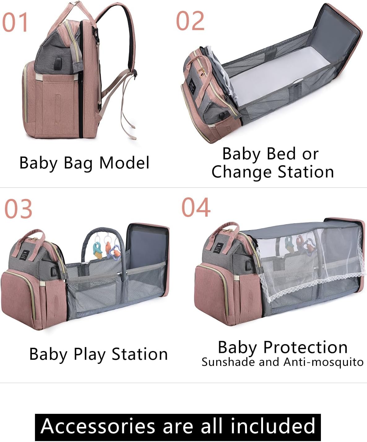 Diaper Bag Backpack with Changing Station: Pink Baby Bags for Girls Boys Mom with Large Capacity Pañaleras Para Bebe Niña Baby Girl Newborn Essentials Must Haves Baby Shower Gifts Baby Registry