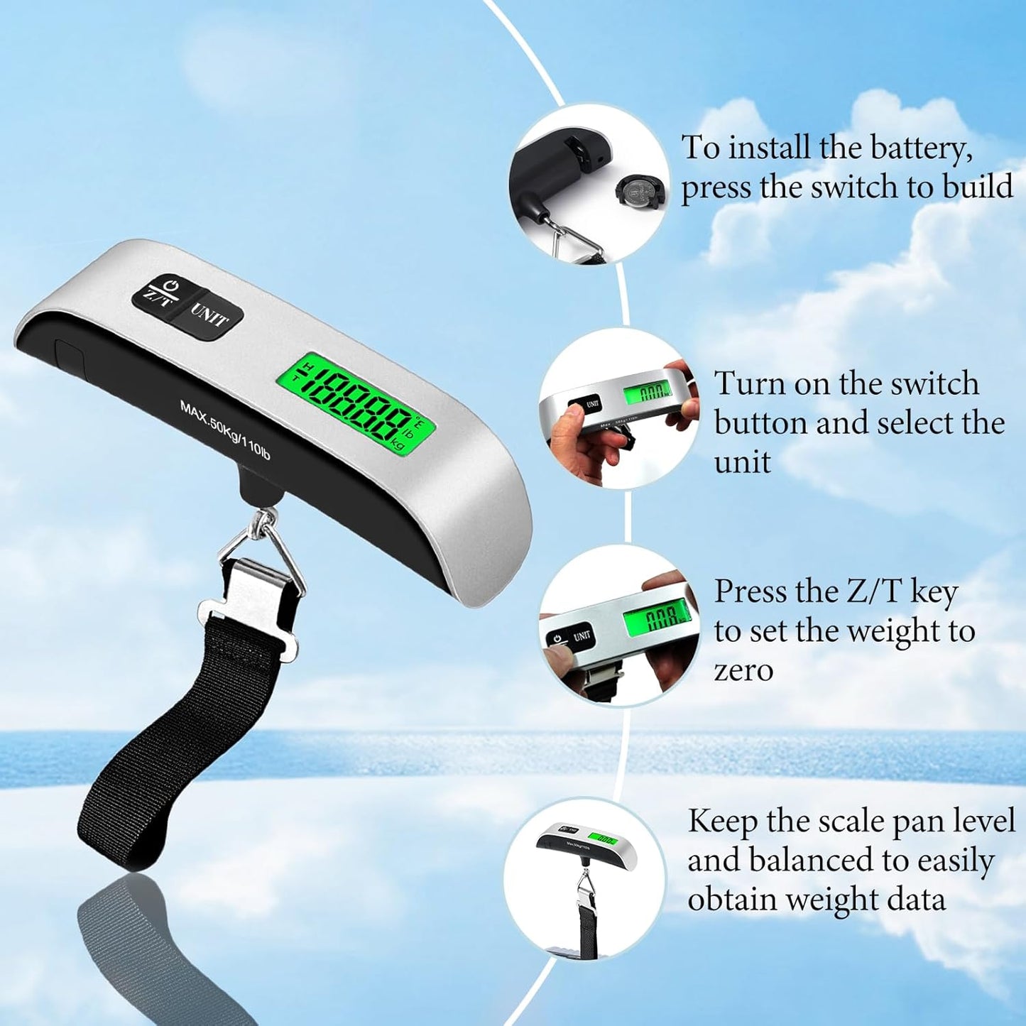 Luggage Scale, 110Lb Luggage Weight Scale with 4 Unit Switching Functions&Led Display, Luggage Scale Travel Digital for Weighing Luggage, Backpacks, Packages and Markets