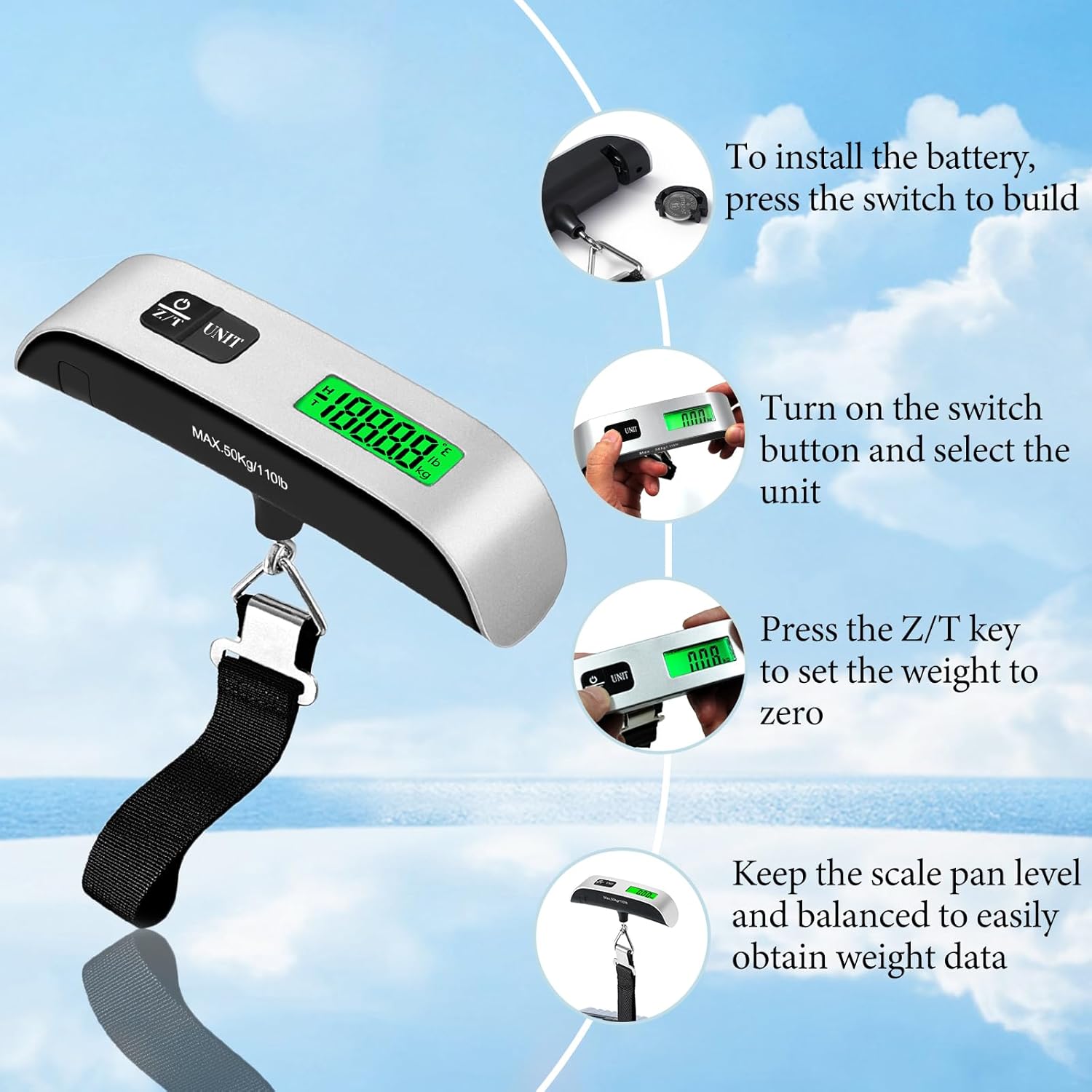 Luggage Scale, 110Lb Luggage Weight Scale with 4 Unit Switching Functions&Led Display, Luggage Scale Travel Digital for Weighing Luggage, Backpacks, Packages and Markets