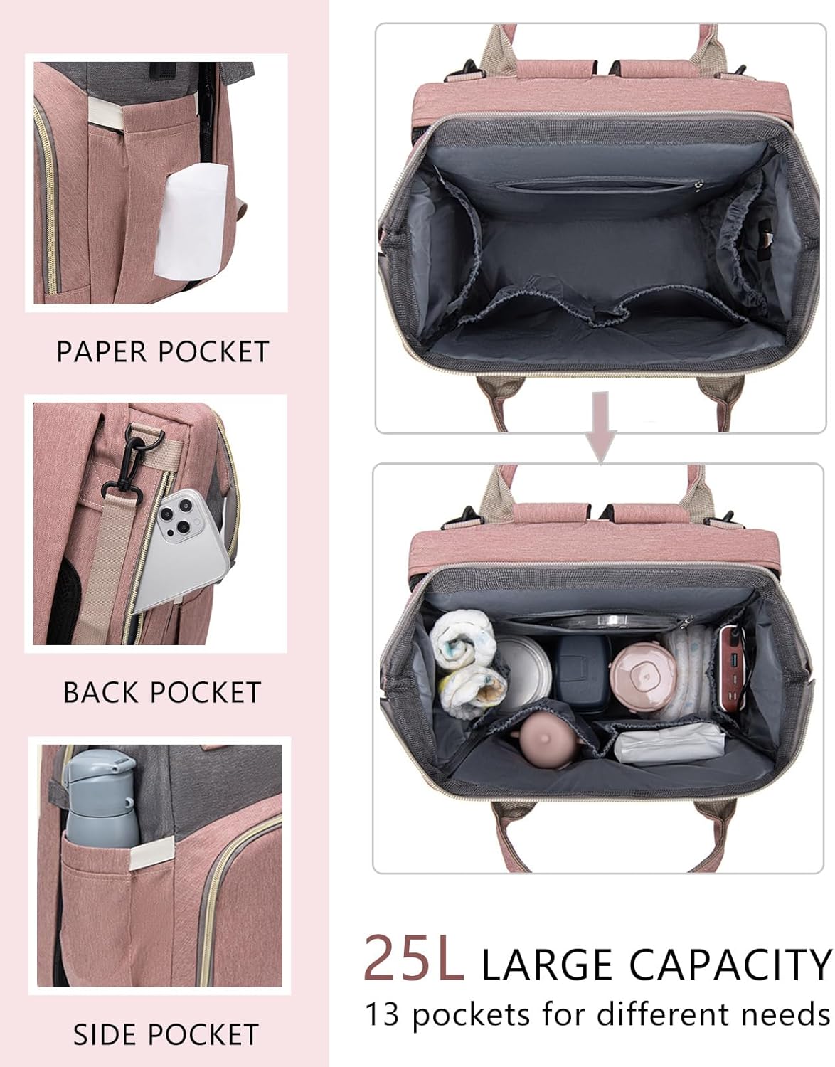 Diaper Bag Backpack with Changing Station: Pink Baby Bags for Girls Boys Mom with Large Capacity Pañaleras Para Bebe Niña Baby Girl Newborn Essentials Must Haves Baby Shower Gifts Baby Registry