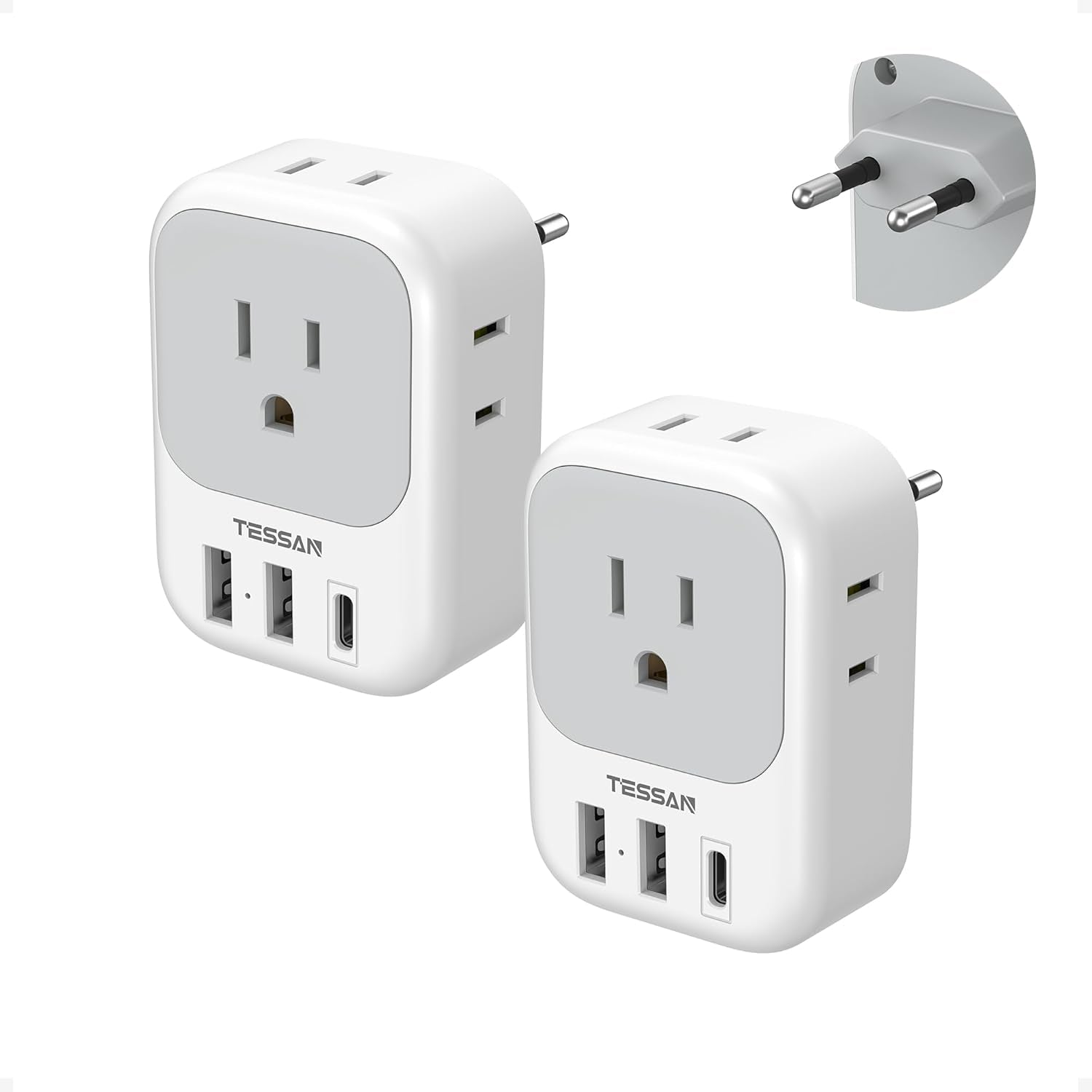 2-Pack European Plug Adapter with 4 Outlets & 3 USB Ports - Ideal for Travel in Italy, Spain, France, Germany & More!