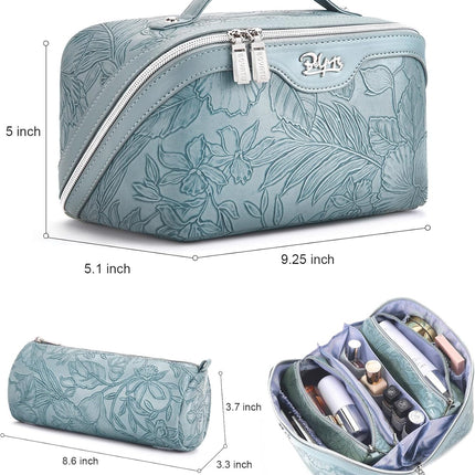 Travel Makeup Bags Cosmetic Organizer Bag: 3 Pcs Set Large Capacity Floral Make up Bag with Compartments - Waterproof Leather Toiletry Bags with Handle for Women (01-Light Blue)