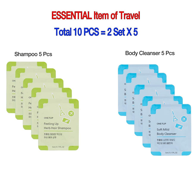 Korean Skin Care Travel Size Toiletries Set Sample Size (Shampoo 5Pcs & Body Wash 5Pcs) Korean Beauty Must Haves, Disposable, Essentials for Women, Men