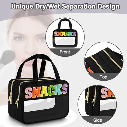 Stylish Chenille Letter Clear Makeup Bag - Waterproof Travel Toiletry Pouch for Women and Girls, Perfect for Organizing Snacks and Essentials