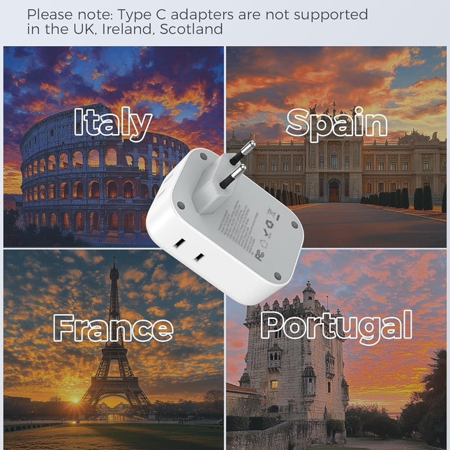 2-Pack European Plug Adapter with 4 Outlets & 3 USB Ports - Ideal for Travel in Italy, Spain, France, Germany & More!