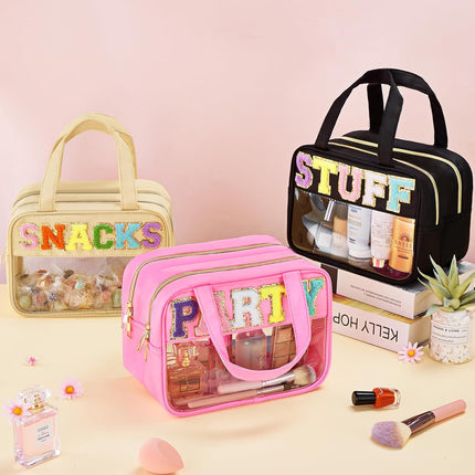 Stylish Chenille Letter Clear Makeup Bag - Waterproof Travel Toiletry Pouch for Women and Girls, Perfect for Organizing Snacks and Essentials