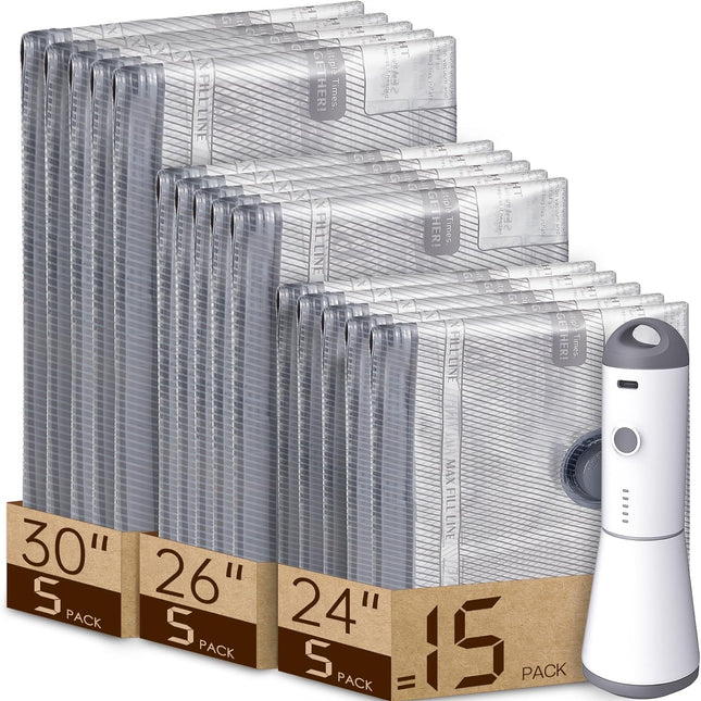 Travel Compression Vacuum Bags with Rechargeable Air Pump - 15 Combo Space Saver for Luggage and Suitcase