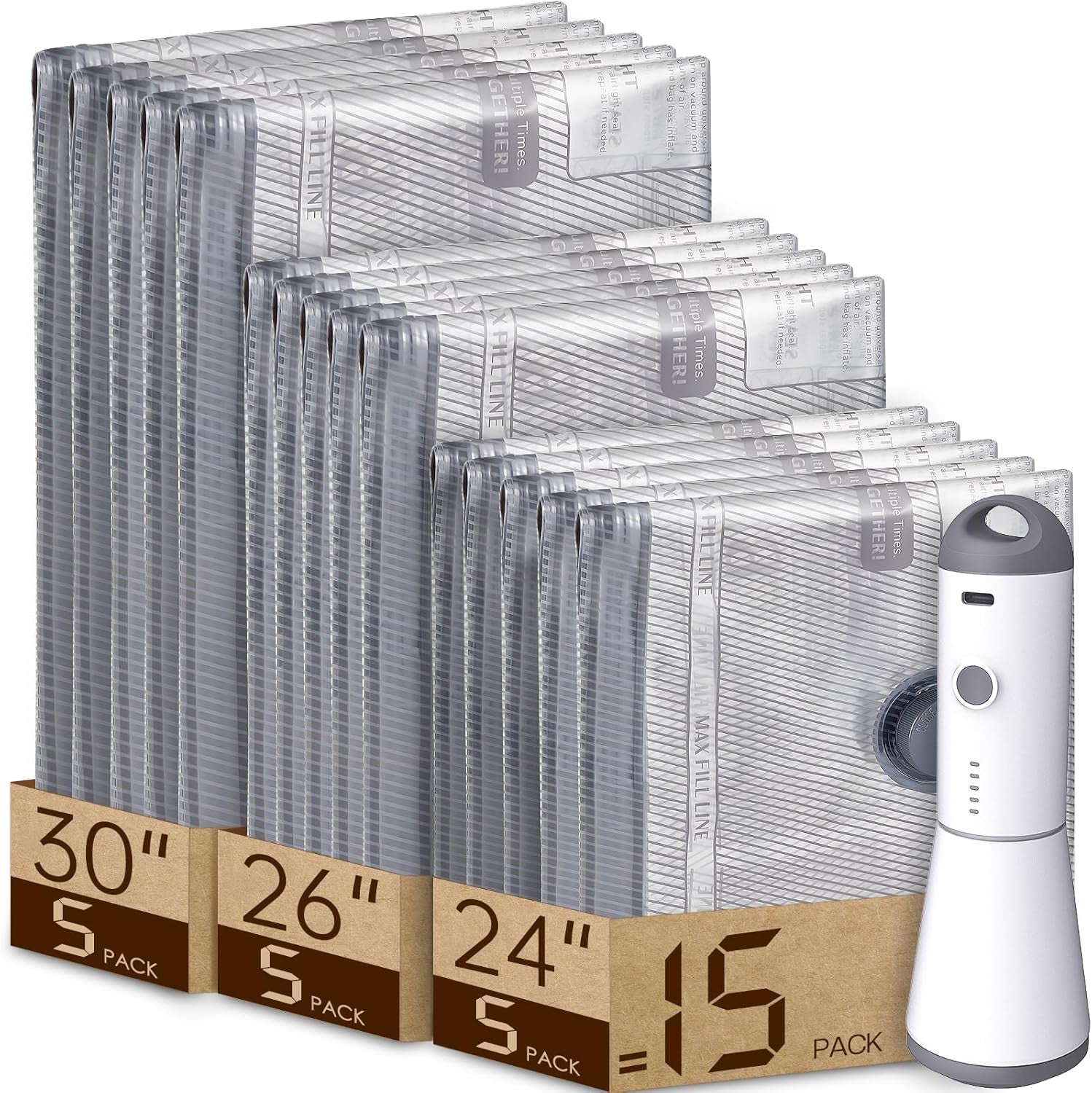 Travel Compression Vacuum Bags with Rechargeable Air Pump - 15 Combo Space Saver for Luggage and Suitcase