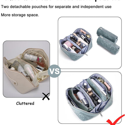 Travel Makeup Bags Cosmetic Organizer Bag: 3 Pcs Set Large Capacity Floral Make up Bag with Compartments - Waterproof Leather Toiletry Bags with Handle for Women (01-Light Blue)