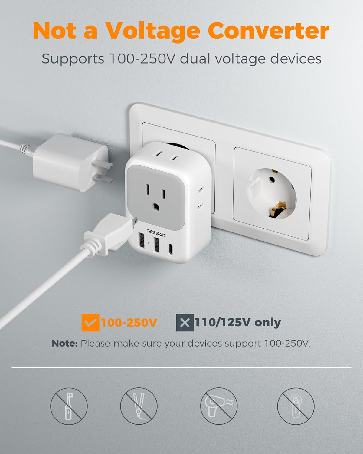 2-Pack European Plug Adapter with 4 Outlets & 3 USB Ports - Ideal for Travel in Italy, Spain, France, Germany & More!